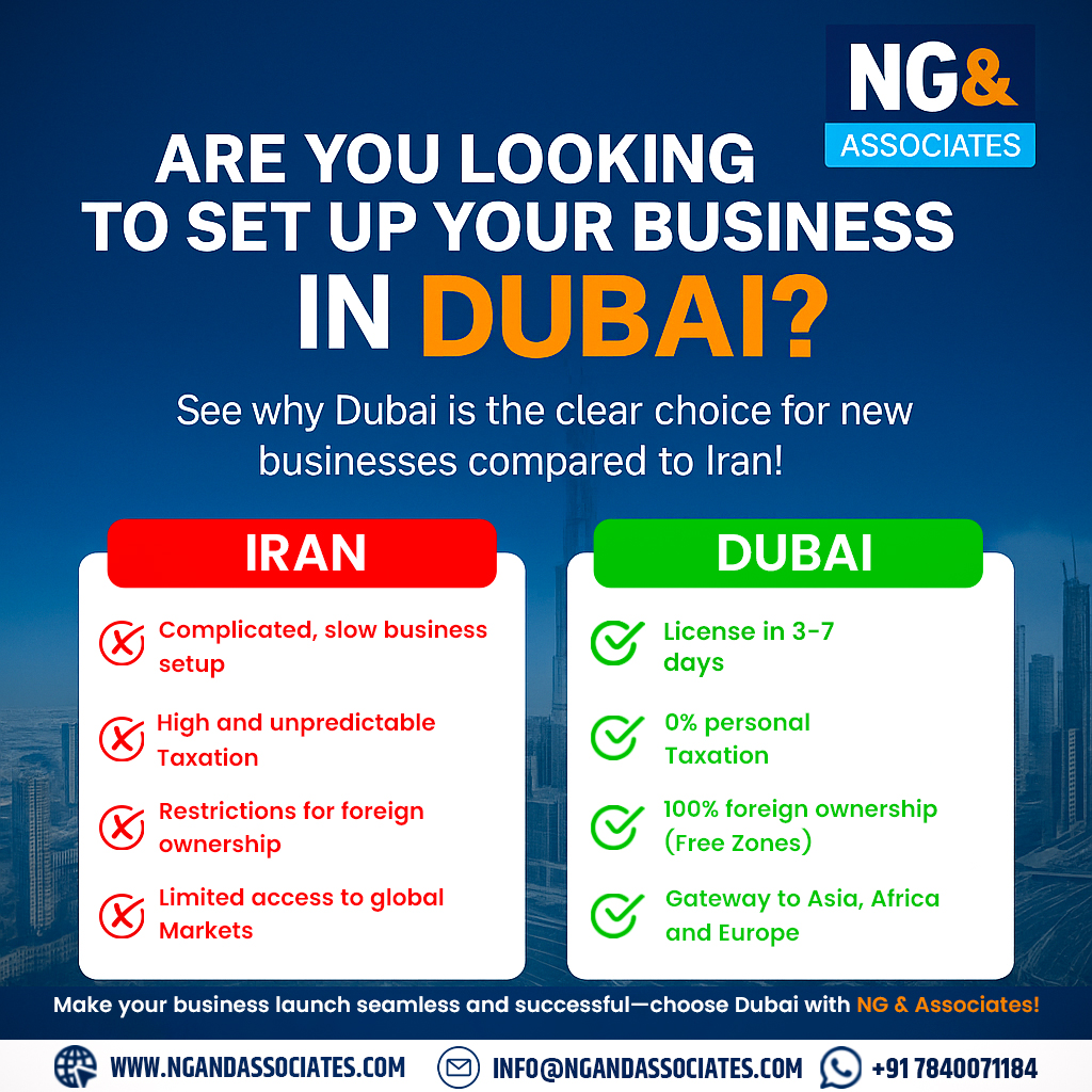 ng_associates's tweet photo. 🚀 Thinking of Starting Your Business? Compare Dubai vs Iran — The Choice is Clear!

🇮🇷 Iran: Slow setup, high taxes, limited access
🇦🇪 Dubai: 3–7 day license, 0% tax, 100% ownership, global reach!

🌐 https://t.co/ccFRJwp12F | 📞 +91 78400 71184

#DubaiBusiness #BusinessSetup https://t.co/DkRkzUlqP6