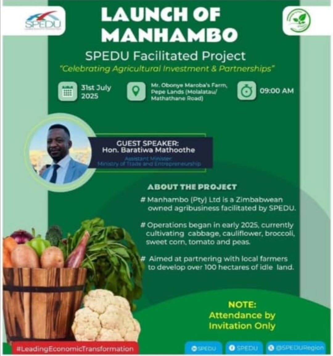 I will be attending the launch of Manhambo as part of the invited media team representing Varakashi4ED here in Botswana, courtesy of Farmers4ED.

The SPEDU-facilitated project, themed "Celebrating Agricultural Investment &amp; Partnerships," reflects the growing bilateral trade