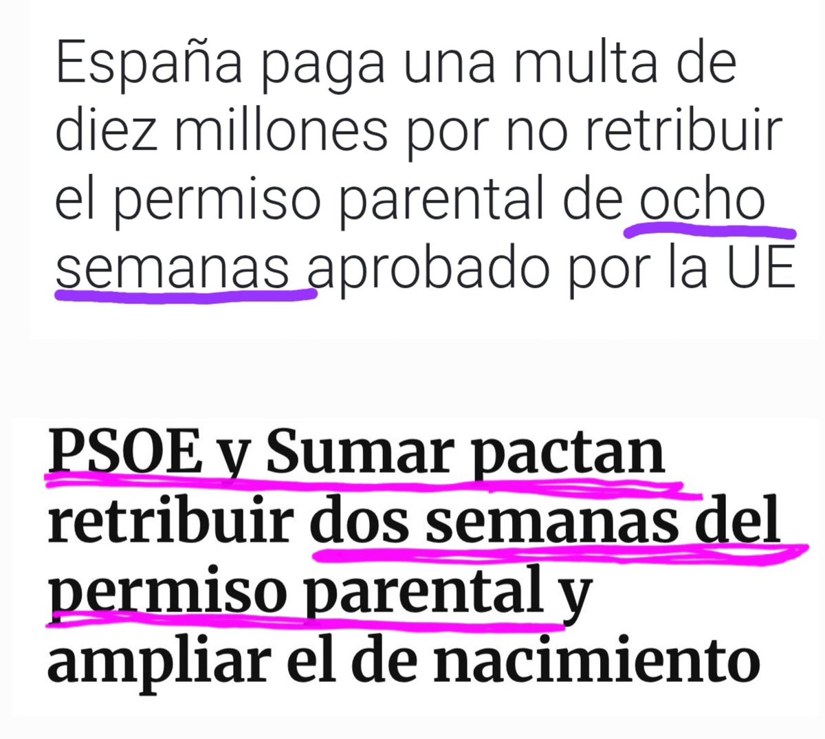 Lo del PSOE y Sumar con el permiso parental:

- Votan en contra de la propuesta de 8 semanas retribuidas presentada por Podemos

- La UE nos pone una multa de 10 millones

- Pactan 2 semanas y te venden la migaja como algo histórico