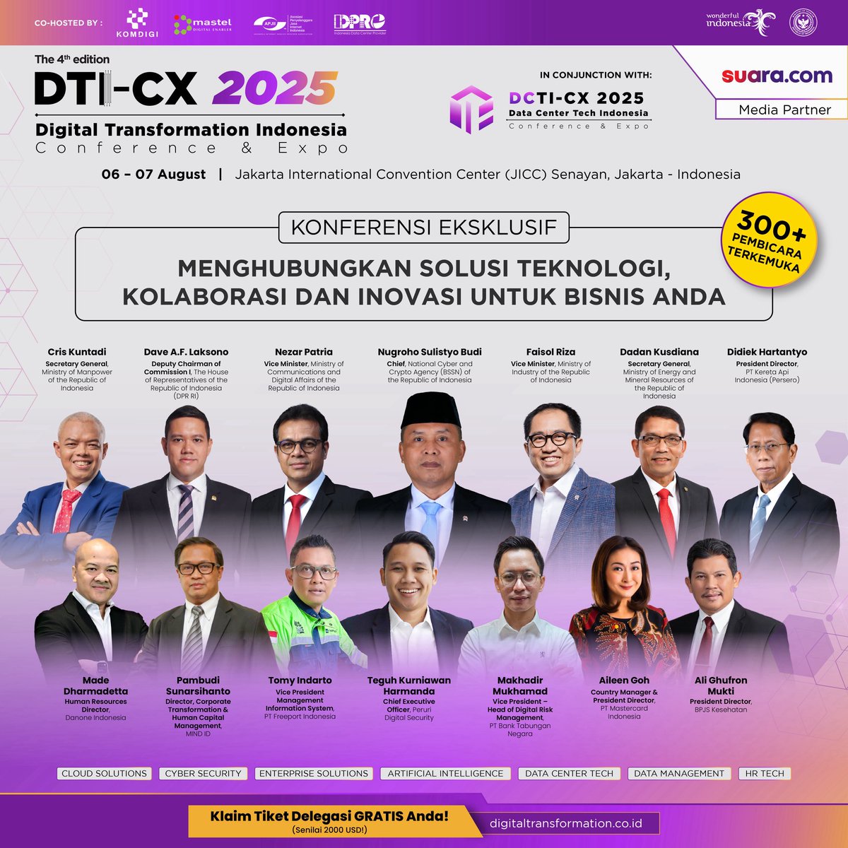 Hadiri Digital Transformation Indonesia Conference &amp; Expo (DTI-CX 2025) — konferensi eksklusif yang menghadirkan 300+ pembicara terkemuka dari sektor pemerintah, BUMN, dan swasta!

DTI-CX 2025 juga akan diselenggarakan bersamaan dengan DCTI-CX 2025 (Data Center Tech Indonesia),