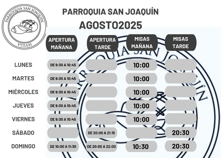 Actualizamos el horario de agosto de nuestra parroquia ⛪

👉🏻 Toda la información en el calendario

📲 #SanJoaquínSVQ