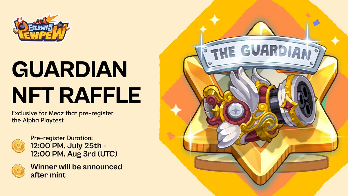 Eternals_World's tweet photo. 🌟 A FREE GUARDIAN NFT is up for grabs! 🌟
All MEOZs need to do is pre-register for our upcoming Alpha Playtest to receive a raffle (which is ending soon!)

🚨MEOZs better chop chop
Pre-register ends 12:00 PM, Aug 3rd (UTC)

Holy Cat will announce the winner after the Mint date.
😼Register Now: https://t.co/Snvpr2pwhP