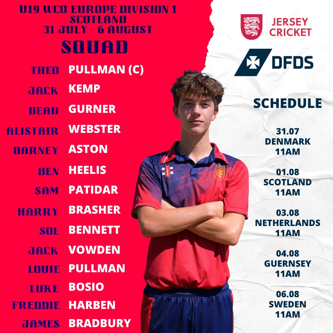 Jersey Cricket (@cricketinjersey) on Twitter photo π΄ BOYS CRICKET π΄
Here is our 14-man squad for <a href="/icc_europe/">ICC Europe</a> U19 World Cup Qualifier in Scotland.
Our campaign gets underway tomorrow at 11am v Denmark π©π°
Follow the action via live-scoring at icc-cricket.com π» (no live-stream available).
<a href="/dfds_ukire/">DFDS UK & IRE</a> | #backingredπ―πͺ π΄ BOYS CRICKET π΄
Here is our 14-man squad for <a href="/icc_europe/">ICC Europe</a> U19 World Cup Qualifier in Scotland.
Our campaign gets underway tomorrow at 11am v Denmark π©π°
Follow the action via live-scoring at icc-cricket.com π» (no live-stream available).
<a href="/dfds_ukire/">DFDS UK & IRE</a> | #backingredπ―πͺ