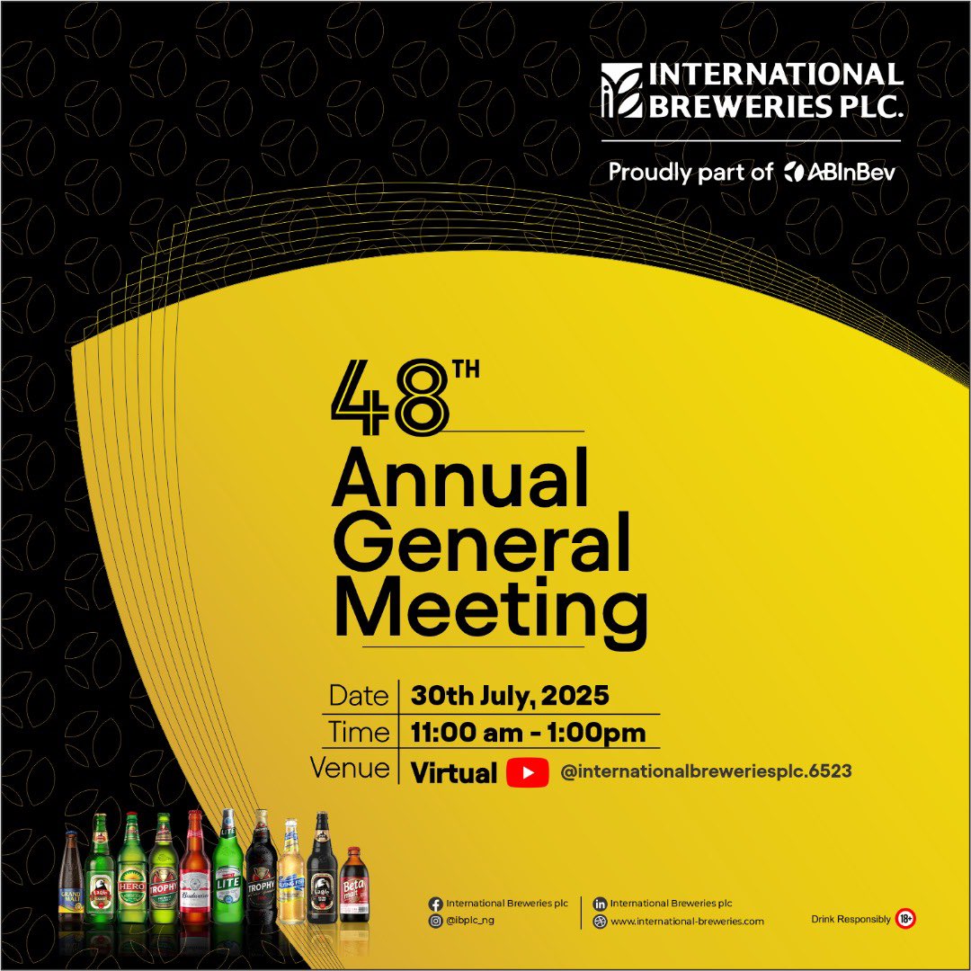 Happening Today: 2024 Annual General Meeting of International Breweries Plc
🕚 11:00 AM (WAT)
📍 Tuesday, 30th July 2025
📺 Watch live: youtube.com/live/4tzIKmm7g…

We’re engaging shareholders, sharing updates, and shaping the future.

#IBPLC #AGM2024  #TeamIBPLC