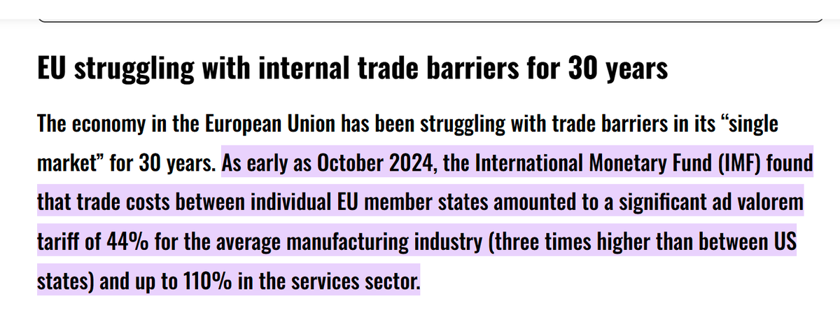 Mark M (@markm92252942) on Twitter photo <a href="/LizWebsterSBF/">Liz Webster</a> There's no such thing as "frictionless trade" in the EU.
The IMF states that EU internal friction imposed tariffs equating to 44% on goods and 110% on services.
Give up Liz. We're not going back. <a href="/LizWebsterSBF/">Liz Webster</a> There's no such thing as "frictionless trade" in the EU.
The IMF states that EU internal friction imposed tariffs equating to 44% on goods and 110% on services.
Give up Liz. We're not going back.