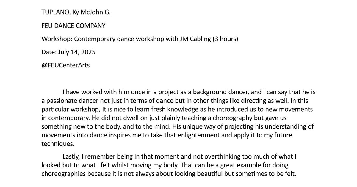 KyKaiiii's tweet photo. TUPLANO, Ky McJohn G.
FEU DANCE COMPANY
Workshop: Contemporary dance workshop with JM Cabling
Duration: 3 Hours
July 14, 2025

@FEUCenterArts https://t.co/P8qlYFiuzS