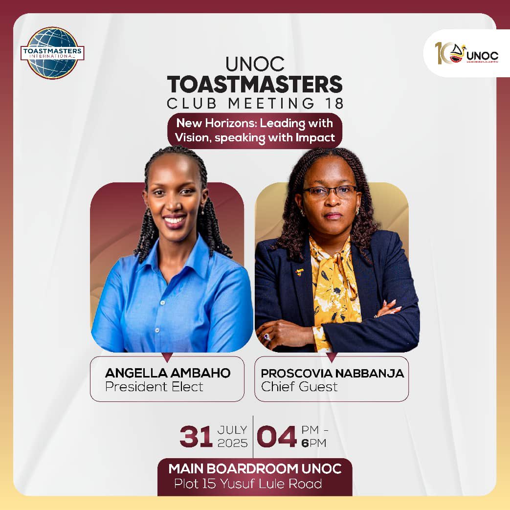 🌟 New Horizons Await! 🌟

Join us tomorrow at <a href="/UNOC_UG/">UNOC</a> Offices (4–6 PM) as we embrace fresh opportunities for growth, leadership &amp; transformation.

They will also usher in their new President and celebrate purposeful communication together!

#Toastmasters
<a href="/kampala_tm/">Kampala Sunrise Toastmasters</a>
