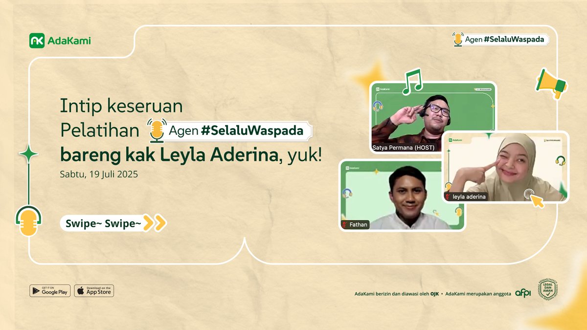 adakamiofficial's tweet photo. Ini dia highlight kegiatan seru bareng kak Leyla Aderina beberapa hari lalu🥰
Siapa yang kemarin ikutan? Ada foto kamu gak di sini? Absen dengan reply tweet ini, yuk! 😆
#AdaKami #SelaluAdaBuatKamu #SelaluWaspada #AgenSelaluWaspada #WorkshopOnline #KelasNgonten #ContentCreator https://t.co/htnOeEC7Og