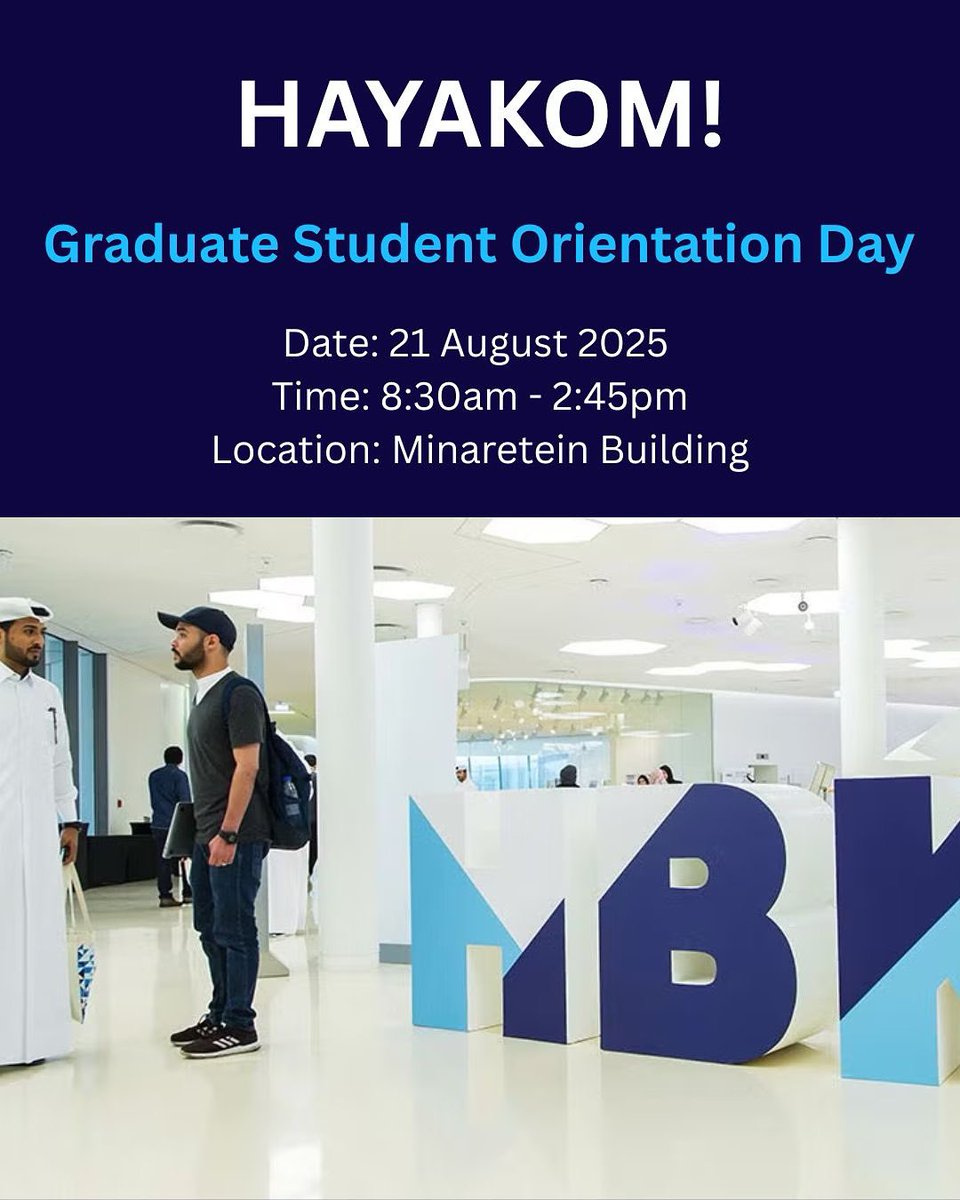 We’re excited to welcome our incoming graduate students to HBKU! Join us for Orientation Day on Thursday, 21 August 2025, where you’ll meet fellow students, faculty and staff to learn everything you need to kickstart your academic journey. We look forward to seeing you there!