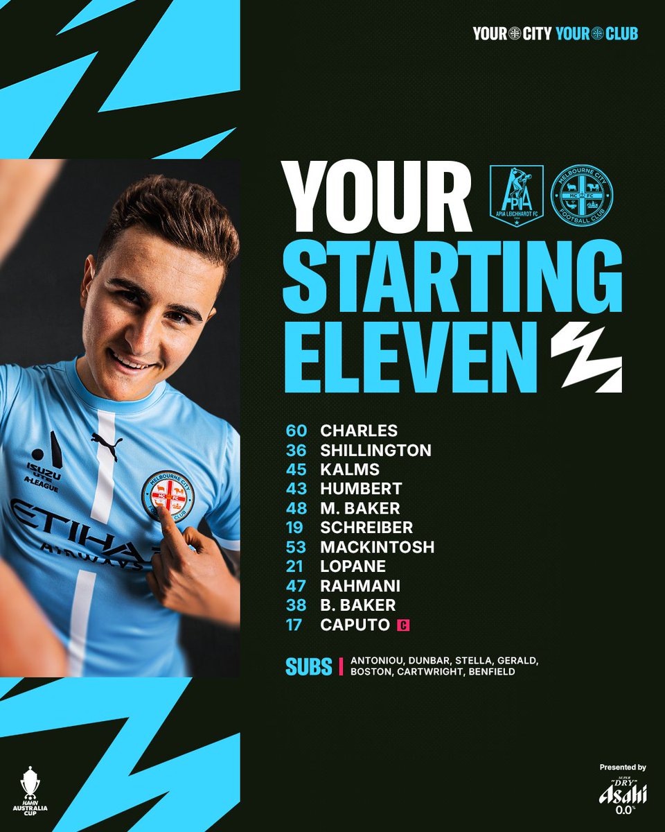 Melbourne City FC (@melbournecity) on Twitter photo This one’s for the future 💫
Six City Academy talents make their senior debuts in tonight’s <a href="/AustraliaCup/">Hahn Australia Cup</a> clash.
Max Caputo takes the armband 🫡
#APLvMCY This one’s for the future 💫
Six City Academy talents make their senior debuts in tonight’s <a href="/AustraliaCup/">Hahn Australia Cup</a> clash.
Max Caputo takes the armband 🫡
#APLvMCY