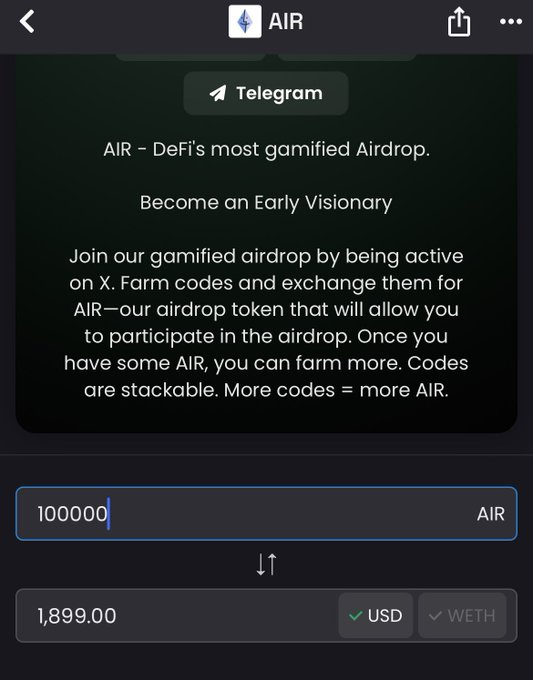 GM fam 

What a crazy pump from the $AIR token overnight, 100k tokens is now worth approximately $2k usd, thats some crazy ahh pump if you ask me 

Looks like <a href="/Ethereum_OS/">Eth OS</a> is just getting started ATP... and yes you're still very early