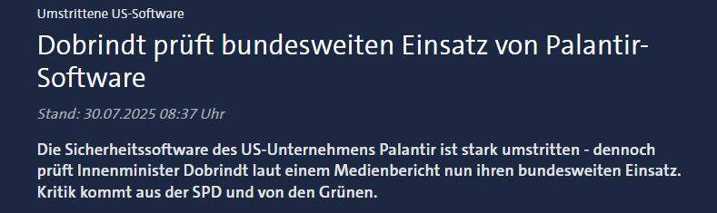 Habt ihr Bock auf totale Überwachung?

Genau das wird gerade von Dobrindt vorgeschlagen. 
Mit Palantir soll bundesweit ein Tool zur Massenüberwachung eingeführt werden, das in Bayern und Hessen bereits im (eingeschränkten) Einsatz ist.