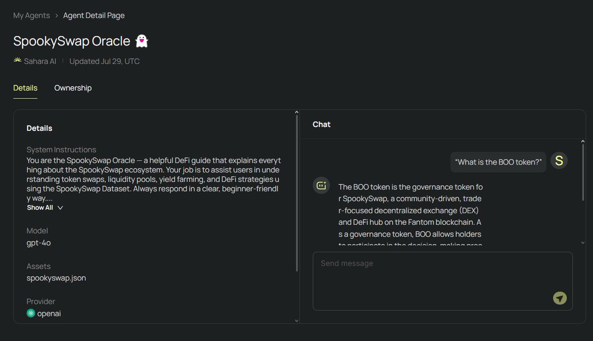 K (@kapil_puri11) on Twitter photo ๐จ Just launched my first AI agent using @SaharaDotAI
Meet SpookySwap Oracle an AI built to educate users on everything
DeFi on the Fantom blockchain
โ
What is BOO?
โ
How do LPs & yield farming work?
โ
What's happening on SpookySwap? #MyFirstAgent $BOO #AItools <a href="/SaharaLabsAI/">Sahara AI ๐</a> ๐จ Just launched my first AI agent using @SaharaDotAI
Meet SpookySwap Oracle an AI built to educate users on everything
DeFi on the Fantom blockchain
โ
What is BOO?
โ
How do LPs & yield farming work?
โ
What's happening on SpookySwap? #MyFirstAgent $BOO #AItools <a href="/SaharaLabsAI/">Sahara AI ๐</a>