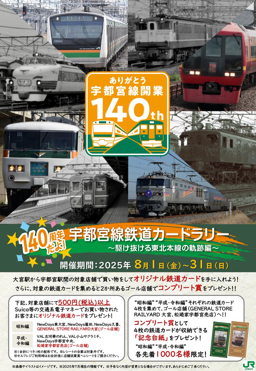 宇都宮線カードラリー　台紙付き　6枚セット　コンプリート 駅カード 鉄道カード 宇都宮線開業140周年記念！ 乗務員の想いが詰まったオリジナル電車