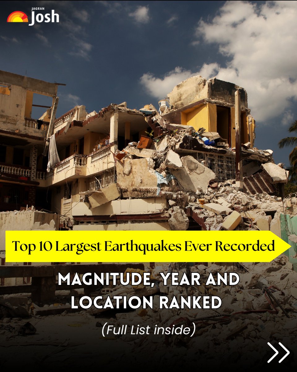 Jagranjosh's tweet image. From Chile (1960) to Japan (2011), these 10 quakes reshaped history, triggered tsunamis &amp;amp; left devastation in their wake.

🔎 Check out the Top 10 Largest Earthquakes Ever Recorded — ranked by magnitude, year &amp;amp; location.

#EarthquakeFacts #NaturalDisasters #Top10Earthquakes