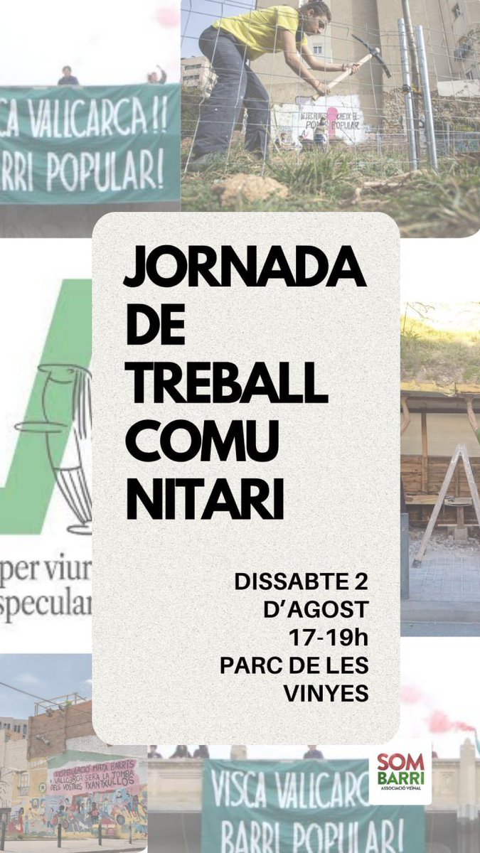 📆 Aquest dissabte 2 d’agost, de 17.00 h a 19.00 h, ens trobem al Parc de les Vinyes per una jornada de treball comunitari a Vallcarca
⚒️ Vindrem amb guants i eines per cuidar els espais comuns, netejar, posar ordre i, sobretot, fer barri des del compromís i lo col·lectiu.