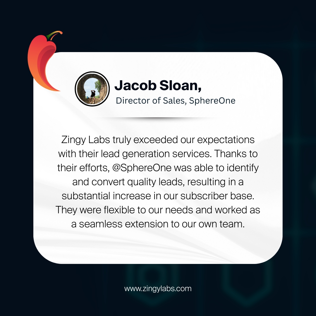 Building with great teams is what we do best.
Grateful for the trust from <a href="/sphereone_/">SphereOne</a> as we helped them scale lead generation and boost conversions.

Here’s what <a href="/JacobSloan_/">Jacob S. 🔺</a> , Director of Sales, had to say about working with Zingy Labs 👇