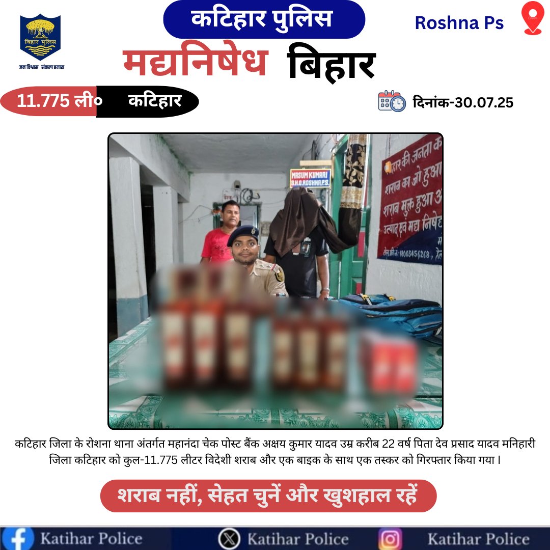 Katihar Police (@spkatihar) on Twitter photo рдХрдЯрд┐рд╣рд╛рд░ рдЬрд┐рд▓рд╛ рдХреЗ рд░реЛрд╢рдирд╛ рдерд╛рдирд╛ рдХреНрд╖реЗрддреНрд░ рдореЗрдВ рдХреБрд▓-11.775 рд▓реАрдЯрд░ рд╡рд┐рджреЗрд╢реА рд╢рд░рд╛рдм рдХреЗ рд╕рд╛рде рдПрдХ рддрд╕реНрдХрд░ рдЧрд┐рд░рдлреНрддрд╛рд░ I
<a href="/bihar_police/">Bihar Police</a> <a href="/DM_Katihar/">рдЬрд┐рд▓рд╛ рдкреНрд░рд╢рд╛рд╕рди, рдХрдЯрд┐рд╣рд╛рд░</a> #Dig_Purnea #KatiharPolice
<a href="/IPRDBihar/">IPRD Bihar</a> <a href="/BiharHomeDept/">Home Department, GoB</a> рдХрдЯрд┐рд╣рд╛рд░ рдЬрд┐рд▓рд╛ рдХреЗ рд░реЛрд╢рдирд╛ рдерд╛рдирд╛ рдХреНрд╖реЗрддреНрд░ рдореЗрдВ рдХреБрд▓-11.775 рд▓реАрдЯрд░ рд╡рд┐рджреЗрд╢реА рд╢рд░рд╛рдм рдХреЗ рд╕рд╛рде рдПрдХ рддрд╕реНрдХрд░ рдЧрд┐рд░рдлреНрддрд╛рд░ I
<a href="/bihar_police/">Bihar Police</a> <a href="/DM_Katihar/">рдЬрд┐рд▓рд╛ рдкреНрд░рд╢рд╛рд╕рди, рдХрдЯрд┐рд╣рд╛рд░</a> #Dig_Purnea #KatiharPolice
<a href="/IPRDBihar/">IPRD Bihar</a> <a href="/BiharHomeDept/">Home Department, GoB</a>