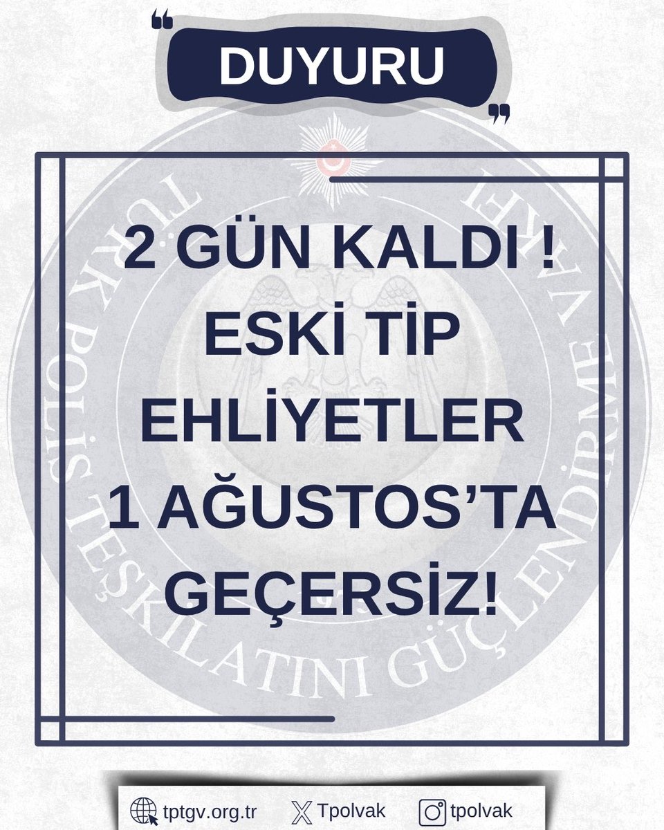 1 Ağustos 2025 itibarıyla eski tip sürücü belgeleri geçerliliğini yitirecektir.

📌 Yaklaşık 2 milyon kişi hâlâ yenileme işlemi yapmamıştır.
📌 Yasal sürenin dolmasına sadece 2 gün kalmıştır.
📌 Süresi içinde yapılan başvurularda ücret 15 TL iken,
geç kalanlar için bu rakam 7.000