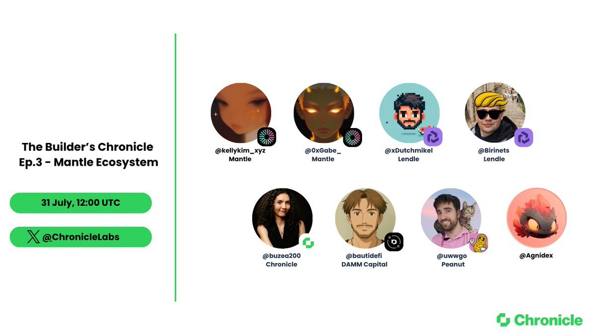 Join us tomorrow for the third space of 📜 The Builder’s Chronicle, featuring the <a href="/Mantle_Official/">Mantle</a> ecosystem.

Get ready for builder insights, integration stories, and a look at what’s coming up in the Mantle ecosystem!

Bonus: Find out how to get access to Chronicle oracles on