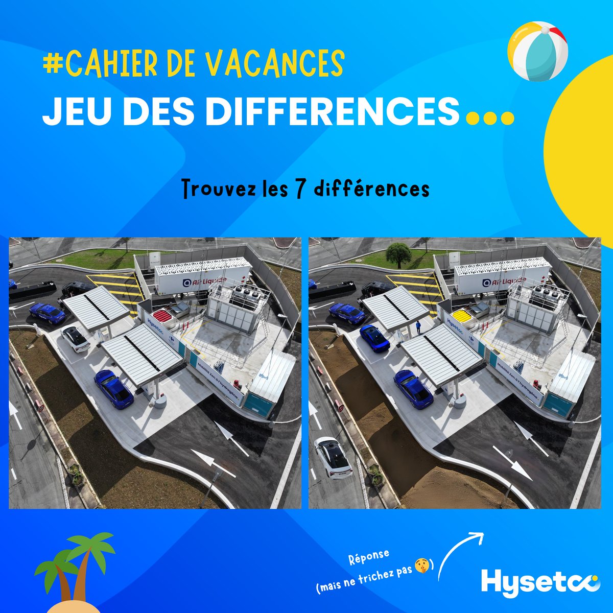 Hysetco's tweet image. #CahierDeVacances 👀 Ouvrez bien vos mirettes cette semaine car vous pourriez bien voir double avec le jeu des différences. 

Saurez-vous trouvé les 7️⃣ différences dissimulées sur notre station de recharge #hydrogène de Pontault-Combault ?

#JeuEstival