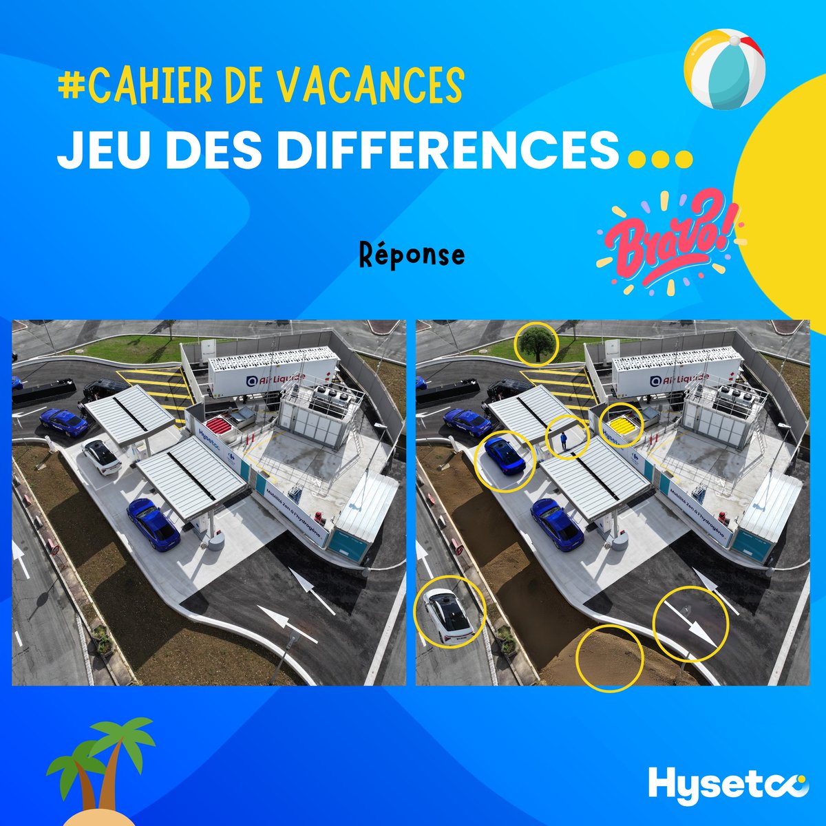 Hysetco's tweet image. #CahierDeVacances 👀 Ouvrez bien vos mirettes cette semaine car vous pourriez bien voir double avec le jeu des différences. 

Saurez-vous trouvé les 7️⃣ différences dissimulées sur notre station de recharge #hydrogène de Pontault-Combault ?

#JeuEstival