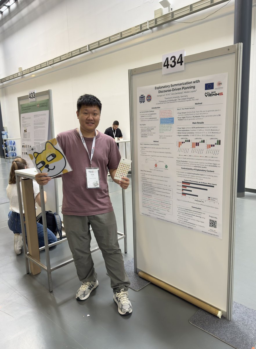 dongqi_me's tweet image. Happy to present my TACL poster today (July 30), 11:00–12:30! 🎉
🧭 Explanatory Summarization with Discourse-Driven Planning
📍 Hall 4, Booth 434
Drop by to discuss #ACL2025 #NLP #Summarization and pick up some Tencent-sponsored goodies while we connect! ✨👋 @TencentGlobal