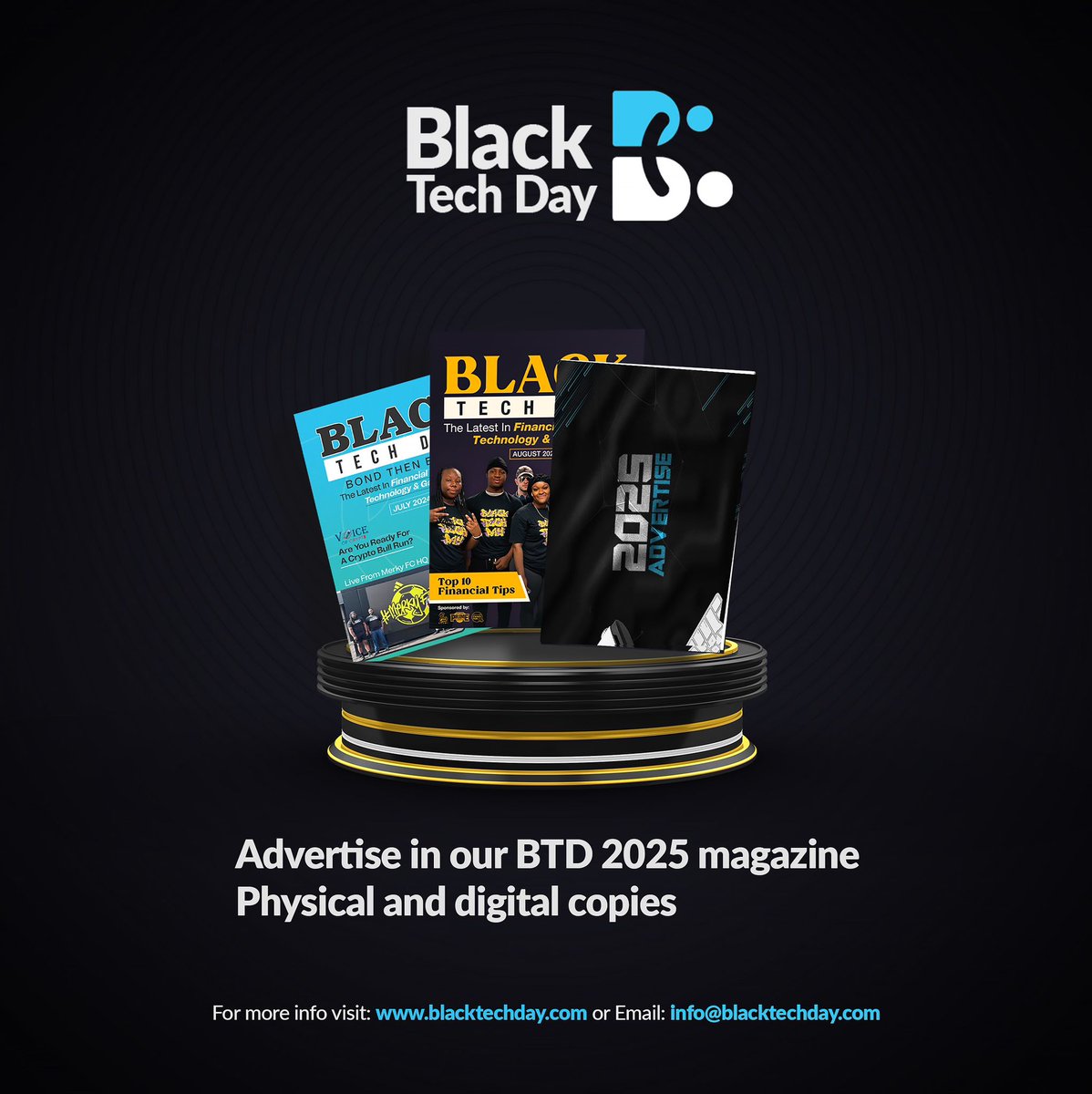 Magazine ad slots available!  📑
Amplify your brand in our official issue.

📧Contact: info@blacktechday.com