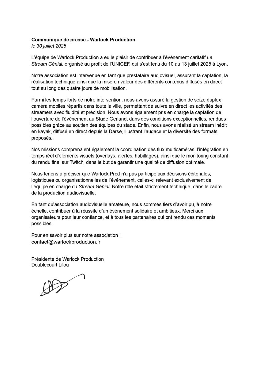 Communiqué de presse - Warlock Production
