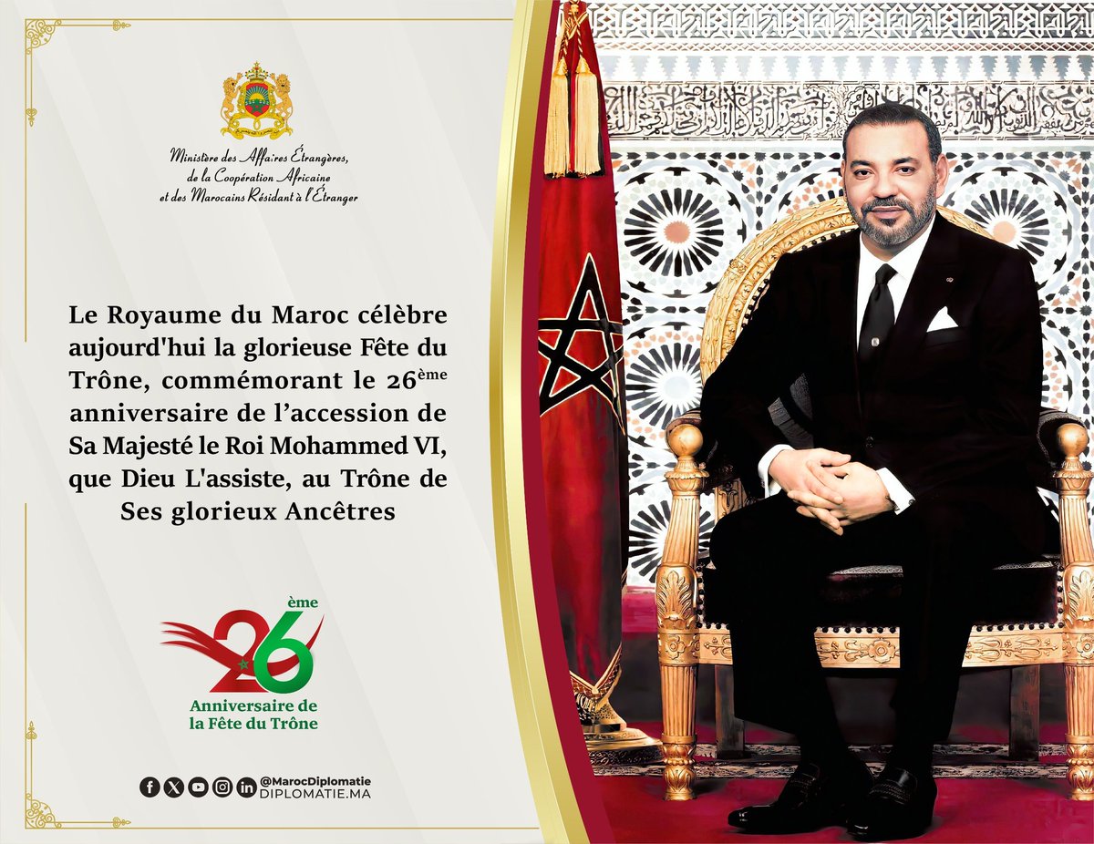 MarocDiplomatie's tweet photo. Le Royaume du Maroc célèbre aujourd'hui la glorieuse Fête du Trône, commémorant le 26ème anniversaire de l’accession de Sa Majesté le Roi Mohammed VI, que Dieu L'assiste, au Trône de Ses glorieux Ancêtres.
#Fête_du_Trône 🇲🇦 https://t.co/4V96gPWceR