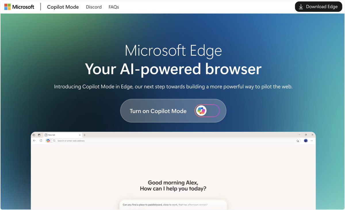 Edge 正式变成了 AI 浏览器，Microsoft Edge Your AI-powered browser
如果你安装了edge浏览器，只需要开启下Copilot Mode

标签：#edge #浏览器 #AI #微软

链接：microsoft.com/en-us/edge/ai-…