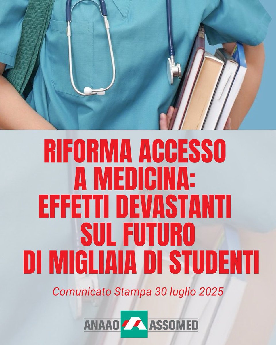 anaao_assomed's tweet photo. 🎓 Accesso a Medicina: la nuova riforma rischia di creare almeno 10.000 giovani disoccupati tra sei anni.

💬 “Servivano programmi omogenei, libri gratuiti, test seri. Non un semestre di illusioni.”

👉comunicato stampa completo su https://t.co/ereBBKnb3g
#accessomedicina https://t.co/Vr3YKPkB5A