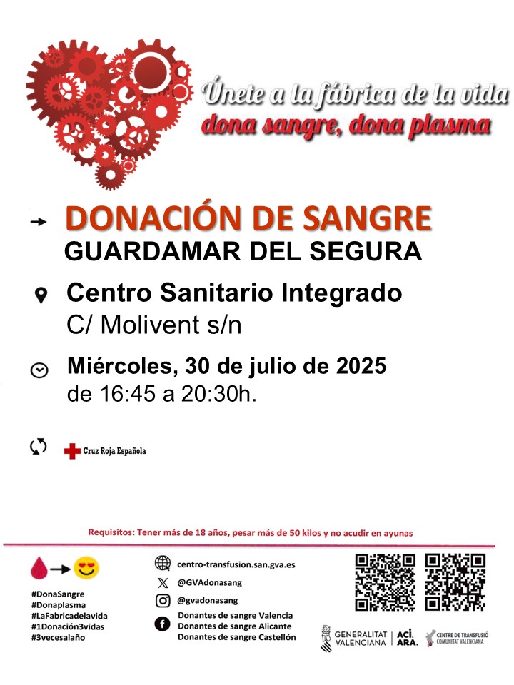 GVAdonasang's tweet image. Dona sangre en #GuardamarDelSegura
📆miércoles #30Julio

No esperes a una situación de emergencia, la sangre tiene que estar disponible diariamente en los hospitales.
#DonaSangre con regularidad también en  #verano.

👉 Anímate a salvar vidas, únete a #LaFábricadelaVida❤
