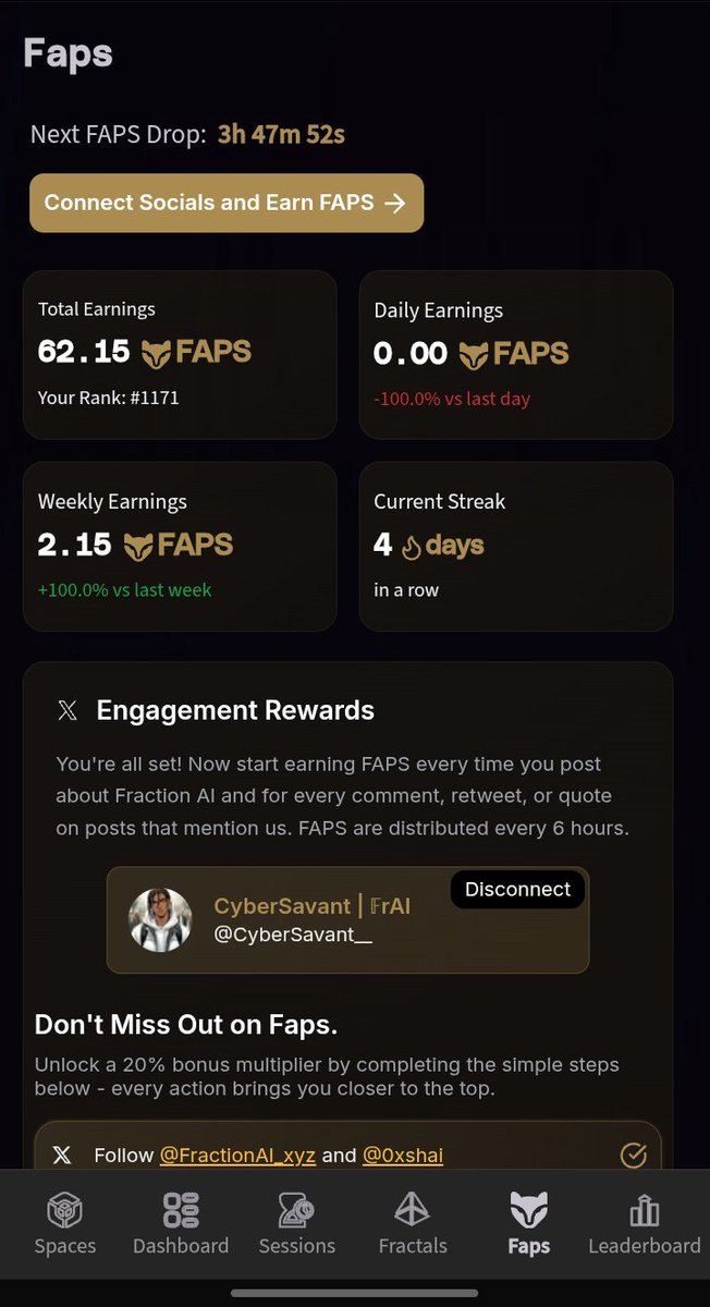 CyberSavant__'s tweet photo. 4-day streak 🔥
62.15 FAPs earned 💰
Ranked #1171 and still climbing ⏫
@FractionAI_xyz isn’t just vibes — it’s VALUE.
You tweet, quote, reply = you earn.
If you’re not on this, you’re watching others win 👀
Next drop in 3h. Let’s go! 🚀
#FAPStorm #FractionAI #Web3Grind https://t.co/CrnTBuYTCi