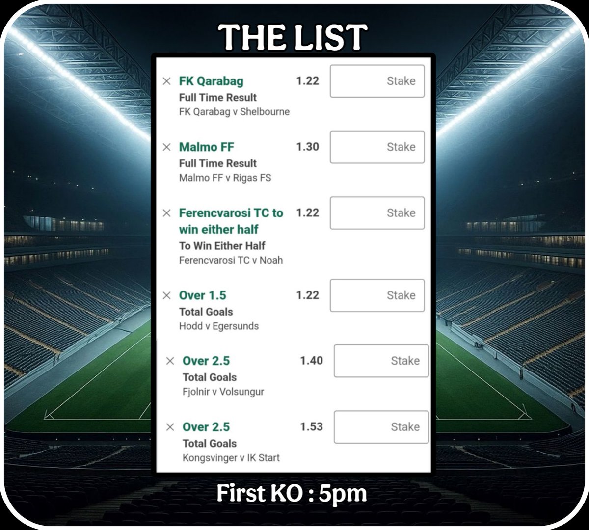 THE LIST 📝

First KO : 5pm

6 Selections for today that I like, you can pick and choose from the list to make your own bet, all six to win can be found at best odds of 5.09

Champions League 🏆 
Iceland 🇮🇸 
Norway 🇳🇴