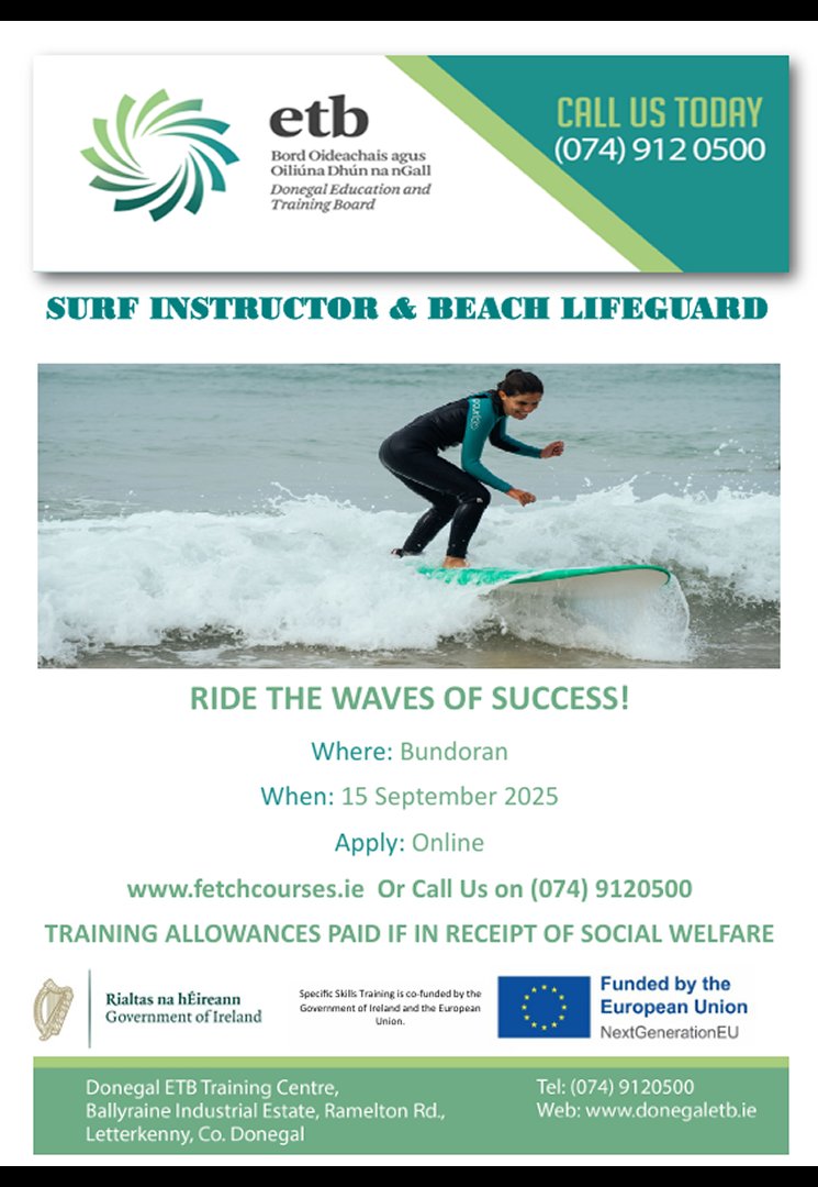 Looking for a career in the outdoors?
Industry recognised.
Includes rescue and beach safety.
Perfect for gap year students.
Must be 18+
Contact Donegal ETB now, limiter places.