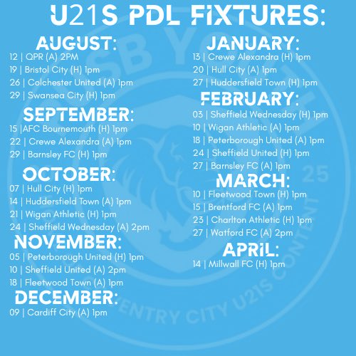 ⚽️ || 2025/26 PDL Fixtures Confirmed

Our U21s will begin the Professional Development League season with a trip to <a href="/QPR_DS/">QPR Development Squad News</a> on August 12th.

Home games against AFC Bournemouth, Barnsley, Hull, Peterborough &amp; Charlton will be at the CBS - rest at the Higgs.

#PUSB || #PUSBYouth🐘