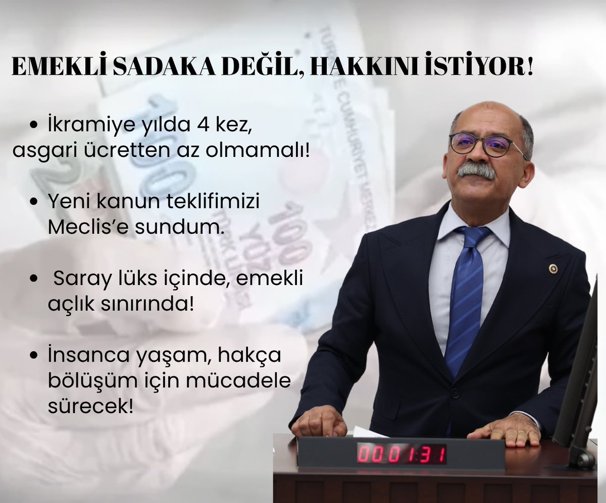 İbrahim Arslan:

Bu ülkenin milyonlarca emeklisi sadaka değil, hakkını istiyor!

Daha önce en düşük emekli maaşının asgari ücret düzeyine çıkarılması için kanun teklifi vermiştim.

Şimdi de emekli ikramiyelerinin yılda 4 kez ve asgari ücretten az olmamak kaydıyla ödenmesi için