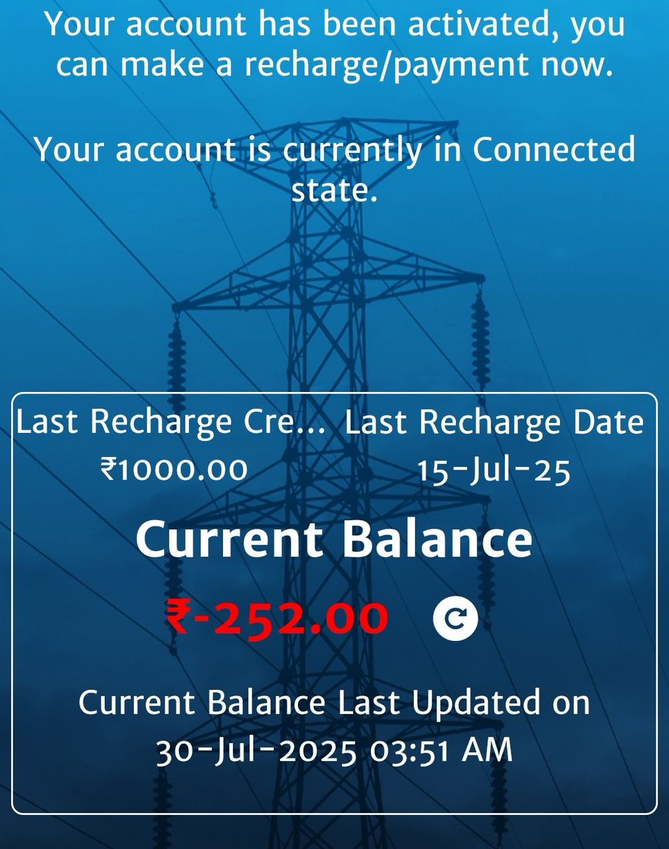 bisnujha's tweet photo. IMPORTANT: #Bihar #BIJLI #Smart #METRE #Users...
Please keep an eye on this #Thread.
EVER since the Bihar government announced 125 units of free electricity for domestic consumers, many are curious — how will smart meter users receive this benefit? I share the same curiosity.
As per what I’ve heard, starting 1st August, no amount will be deducted from your smart meter balance until 125 units are consumed. From the 126th unit onward, deductions will begin from your available balance. Fair enough.
To #verify the transparency of this, I took a #screenshot of my smart meter #balance at 11 AM today. The first screenshot shows a balance of ₹ -252 as of 3:51 AM, 30 July.
Then, I recharged my meter with ₹1000. By 2 PM today (30 July), the available balance shown was ₹741.47.
I’ll keep posting screenshots even after 1st August, to help track whether any amount is deducted from the balance before 125 units are consumed.
Please stay tuned to this important thread.
(Screen shot taken at 11 am on July 30)
@SEVA_NBPDCL @PIB_Patna