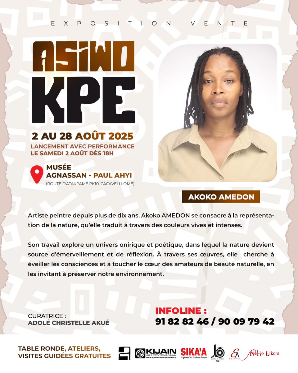 Hello,
Je viens vous informer que je participe à la deuxième édition de T0DJIVU,dont le thème est ́ ASIWO KPE ́en tant qu’artiste invitée, c’est une exposition collective,dont le vernissage aura lieu ce samedi 02 Août au musée  AGNASSAN à 18h.
On serait ravi de votre visite.😊