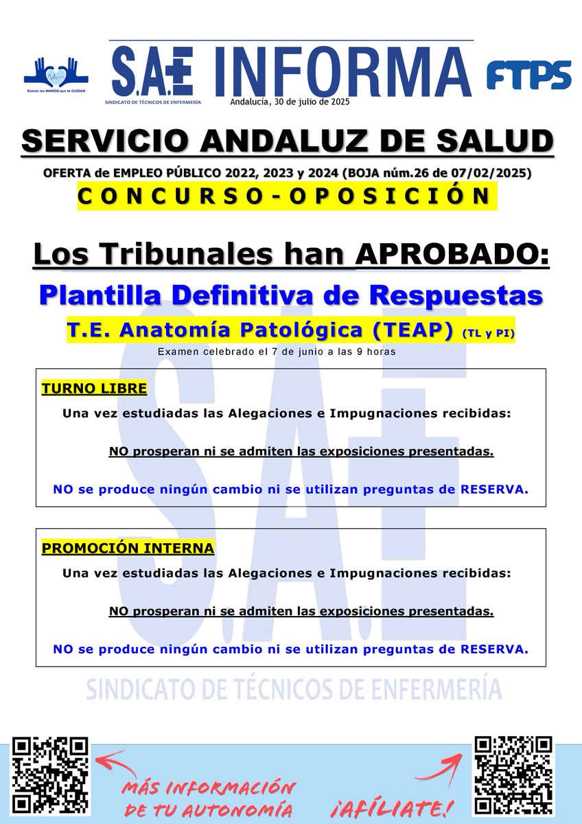 SaeAndalucia's tweet image. #SAEAndalucíaInforma | 📢 Tribunales han aprobado Plantilla Definitiva de Respuestas Examen #7junio #TEAP #ConcursoOposición OEP 2022-2024 #SAS

➕Información en tu Sección Sindical #SAEAndalucía 🙂👍

#SomosLasManosQueTeCuidan