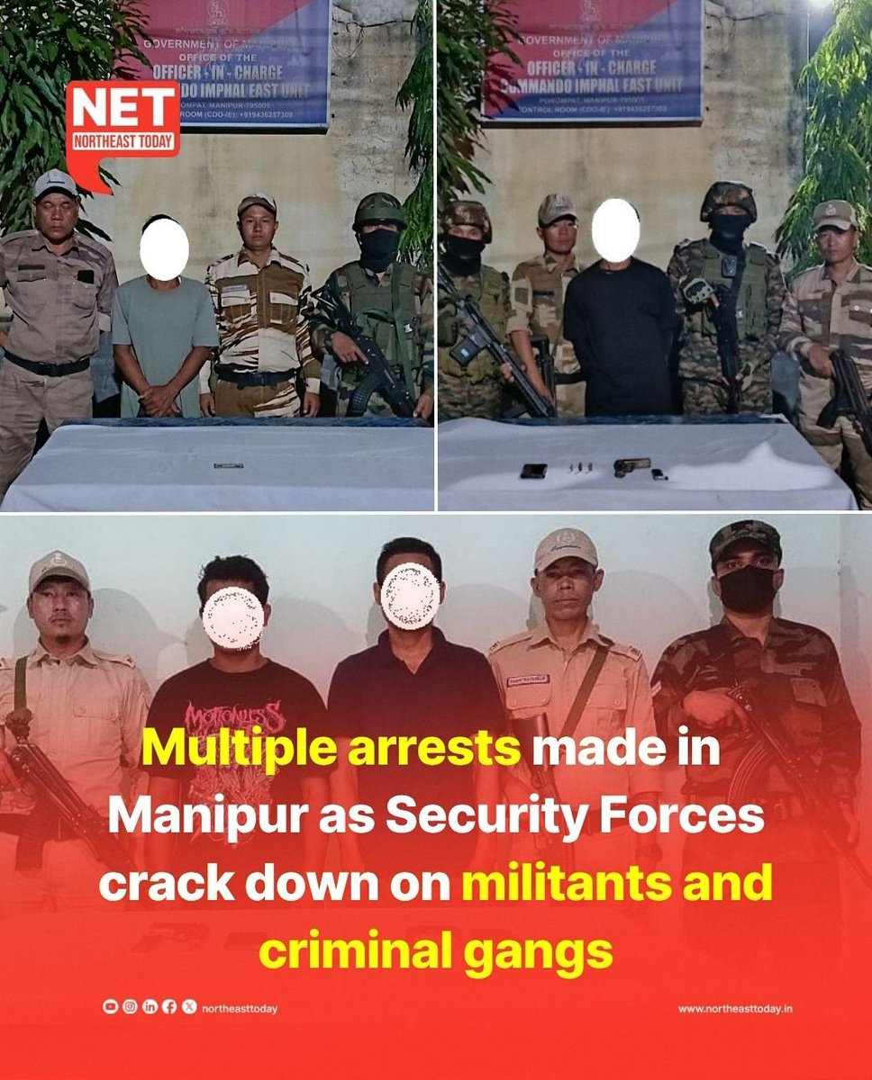NortheastToday's tweet image. #Manipur | Security forces in Manipur have arrested several individuals allegedly associated with militant outfits and criminal gangs during separate operations conducted across Imphal East and West districts on July 28 and 29.

Read more..
northeasttoday.in/northeast/mult…

#criminalgang