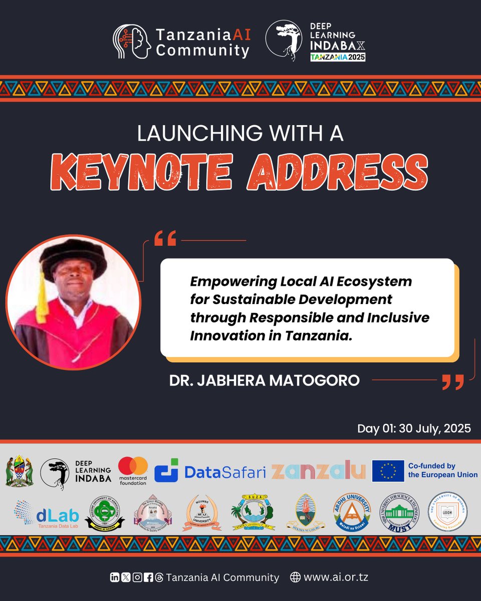 Tanzania AI Community (@aicommunitytz) on Twitter photo We've officially kicked off Tanzania IndabaX 2025!🎉
Very honored to open with a keynote address by <a href="/Dr_Matogoro/">Dr. Jabhera Matogoro</a>, delivered live from the University of Dodoma <a href="/udomtheofficial/">The University of Dodoma</a> Hub. Stay tuned for more highlights from our hubs and virtual sessions!
#AICommunityTz #TzIndabaX2025 We've officially kicked off Tanzania IndabaX 2025!🎉
Very honored to open with a keynote address by <a href="/Dr_Matogoro/">Dr. Jabhera Matogoro</a>, delivered live from the University of Dodoma <a href="/udomtheofficial/">The University of Dodoma</a> Hub. Stay tuned for more highlights from our hubs and virtual sessions!
#AICommunityTz #TzIndabaX2025