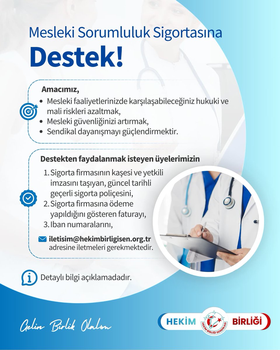 Mesleki Sorumluluk Sigortasına Destek!

Değerli Üyemiz,

📌 Hekim Birliği Sendikası Merkez Yönetim Kurulu tarafından oy birliğiyle alınan karar doğrultusunda;

🩺 Mesleki faaliyetlerinizde karşılaşabileceğiniz hukuki ve mali riskleri azaltmak,

🛡️ Mesleki güvenliğinizi artırmak,