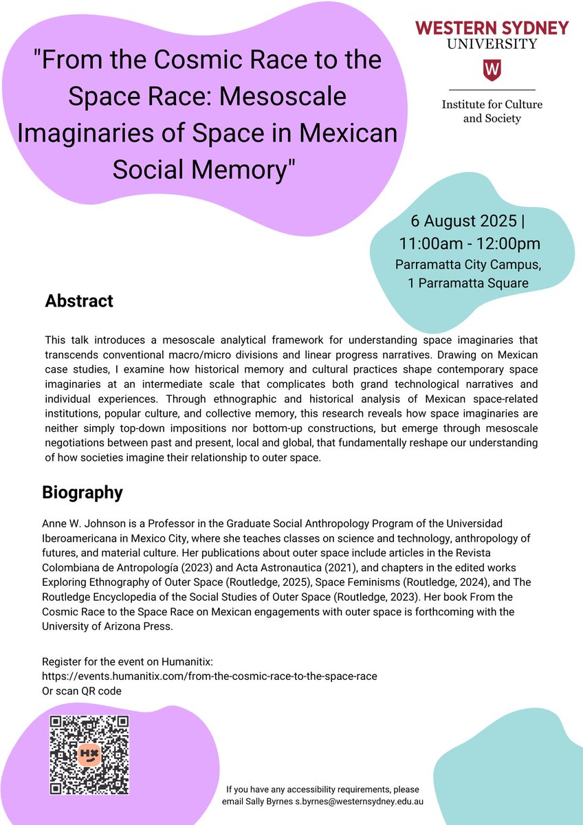 Reminder, register NOW for "From the Cosmic Race to the Space Race” by Professor Anne W. Johnson 
⏰August 6th 11-12
📍Parramatta City Campus 
A must for anyone curious about space, culture, and how societies imagine their place in the universe.🌌tinyurl.com/3bf4j65r