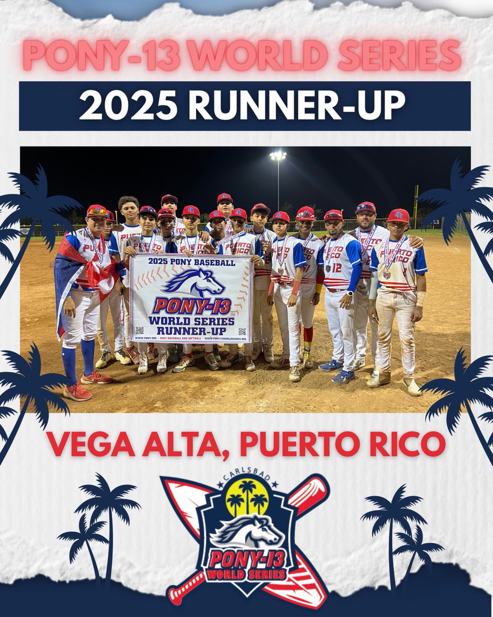 P13WorldSeries's tweet photo. Congratulations to the 2025 Pony-13 World Series Runner Up - Vega Alta, Puerto Rico! The team finished with a 3-2 record.
#Pony13WorldSeries #ponybaseball https://t.co/mECude0heh