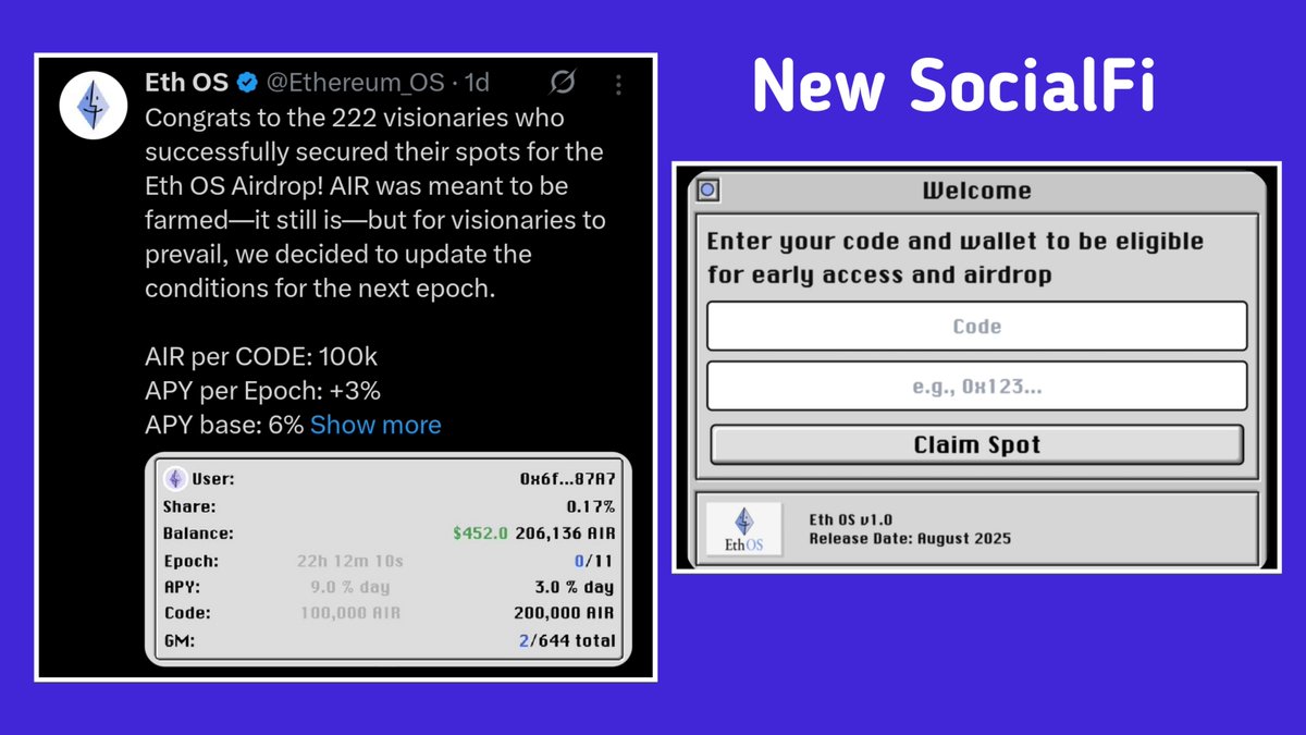 A new SocialFi experiment is live. It rewards real engagement with real value

It's called <a href="/Ethereum_OS/">Eth OS</a> and here's how it works:

You earn codes by creating content on X. Each code unlocks a $AIR token allocation.

Current value: 1 code = 100,000 AIR (approx. $428 at today’s