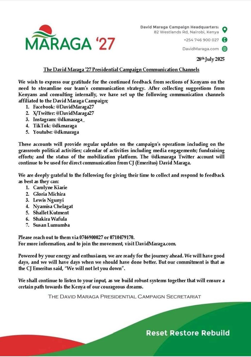 Reset, restore, rebuild.

Team Maraga mnasema aje?

The only way we can redeem Kenya is by electing Maraga.