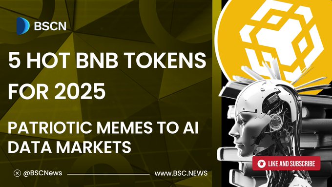 2025年5大热门BNB代币的宣传图片，主题涵盖AI与表情包