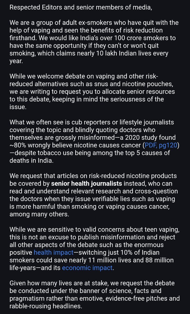 A pliant, non-critical media is playing a major role in spreading vaping minsinfo. We wrote this mail to Indian publications, but it applies globally. #StopVapingLies